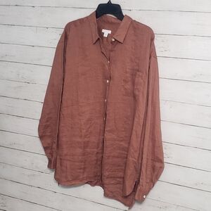 J. Jill "LOVE Linen Shirt in Warm Brown Button Front Large Collar Tunic Oversize